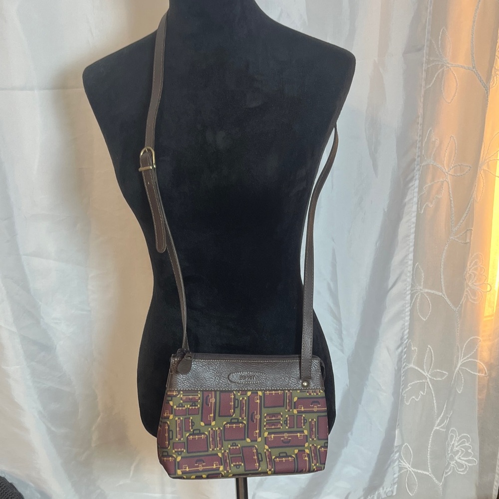 Esprit Crossbody Bag in Brown, Burgundy, and Hunter green luggage print